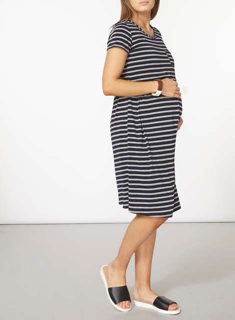 **Nursing Maternity Navy and Grey Stripe Skater Dress